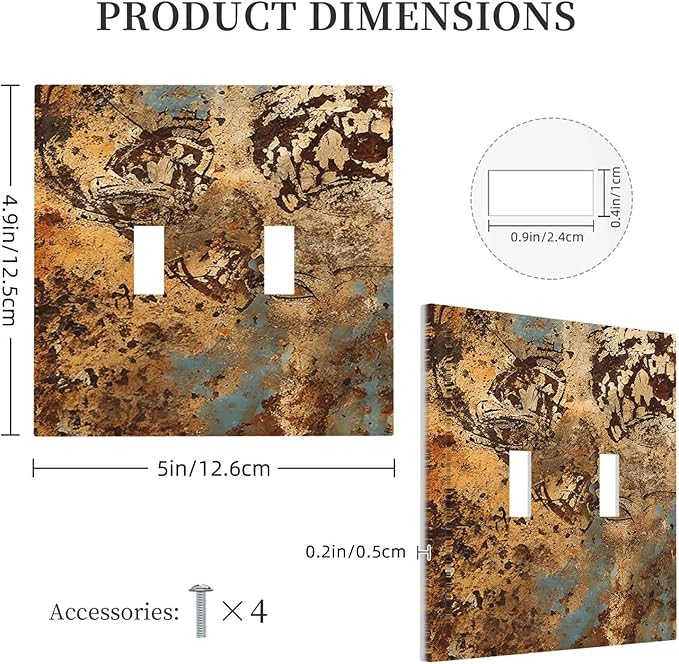Light Switch Cover Plate Shabby Old Rusty Antique Brass Copper Print 2 Gang Double Switch Plate Covers Toggle Wallplate Decorative Outlet Covers Electrical Switchplate for Kitchen Home Decor