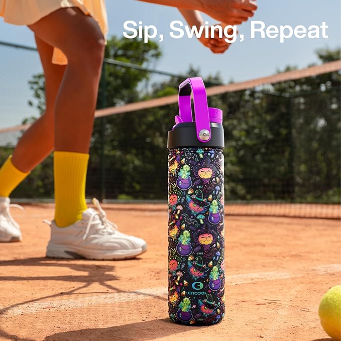 ENCOOL Insulated Water Bottle with Straw Stainless Steel Water Bottle, Leak-Proof, BPA-Free, Double Wall Vacuum Keeps Cold for 24 Hours for Sports, Travel, School (26 oz, Meowgic Night)