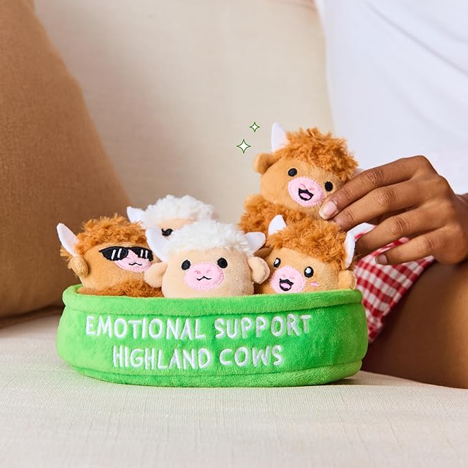 Emotional Support Highland Cows by Relatable, Cuddly Stuffed Animals and Plushies Set, Small Gifts for Mom, Includes 5 Highland Cows Plush Toys with Carrying Basket