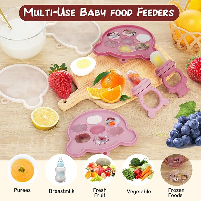 WAJIAYON Baby Breastmilk Popsicle Molds & Baby Fruit Feeder (4 Pack), Infant Food Freezer Tray Storage Containers, Silicone Teething Pacifier Feeder and Teether for Babies,Silicone Feeder(Pink)