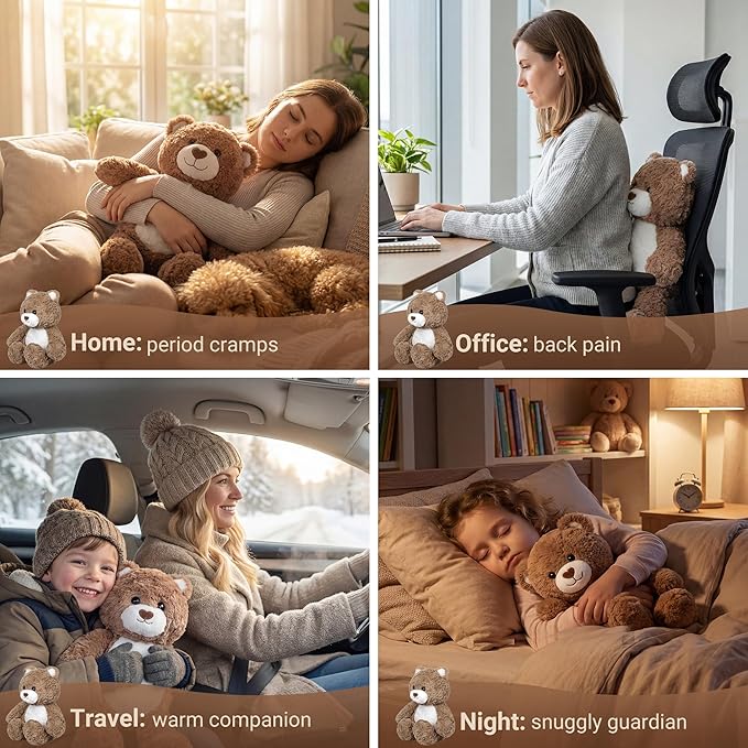 Teddy Bear Heating Pad for Period Cramps, Heated Stuffed Animal Plush Toy, USB Electric Heating Pad with Auto Shut Off,Warm Plushie for Belly Back Shoulder Pain Relief, Gift for Mom Women