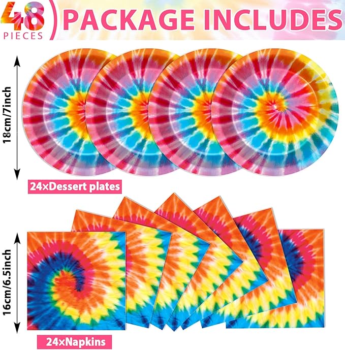 48Pcs Tie Dye Paper Plates and Napkins Rainbow Tie Party Decorations Dye Birthday Party Supplies Colorful Disposable Dinnerware Tableware for Adult Kids Girls Boys Hippie Baby Shower Serves 24
