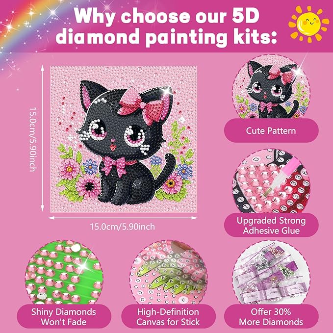 GIFOHAPY 4 Pack Diamond Art Kits for Kids, 5D Cute Animal Diamond Painting Kit for Beginners, Gem Art Crafts By Number for Boys Girls Ages 6-8-12-14,Home Wall Decor Gift 6X6“ (XY312+283+308+211)