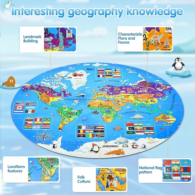 Glow in The Dark World Map Puzzles for Kids 4-6, 70 Pieces Large Globe Floor Puzzles for Kids Ages 6-8 Continents Geography Puzzle Educational Learning Toys for Children, Easter Gifts for Kids