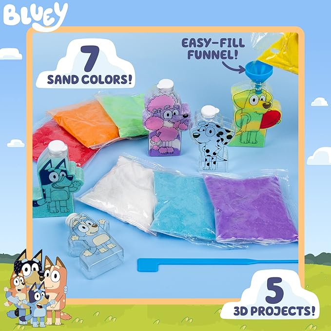 Bluey Sand Art Kit, Includes 5 Sand Art Bottles & 7 Colored Sands, Create Your Own Sand Art, DIY Kit, Fun Art Project for Kids Aged 6+