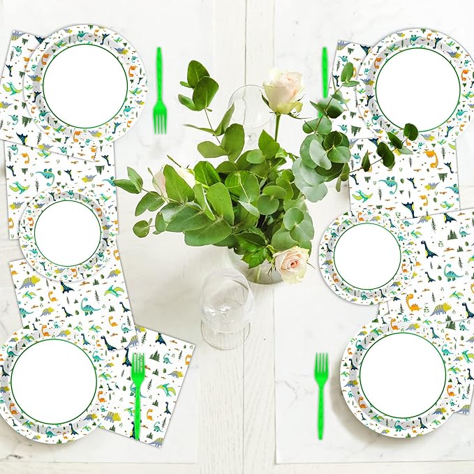 Wiooffen 96 Pcs Dinosaur Party Plates Napkins Watercolor Dinosaur Paper Tableware Supplies Set Cartoon Dino Disposable Dinnerware Decoration for Birthday Party Baby Shower, 24 Guests
