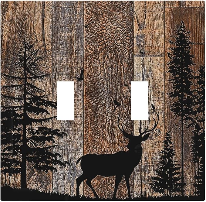Decorative Switch Plates Rustic Forest Antler Elk Deer Silhouettes Animals Wood Grain 2 Gang Double Toggle Wall Plate Outlet Light Switch Cover Electrical Faceplate for Farmhouse Home Decor