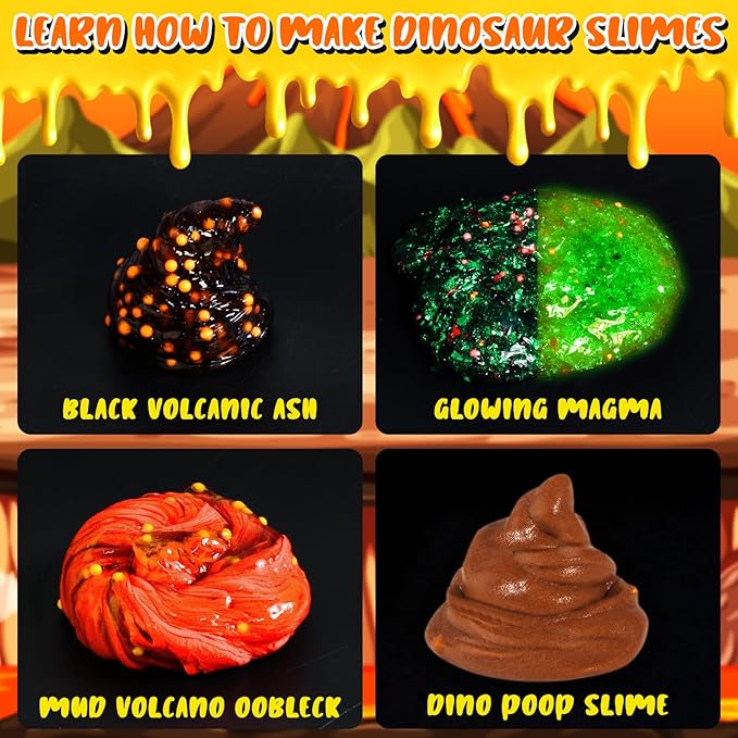 Dinosaur Slime Making Kit, Jelly Cube/Butter/Crystal/Glow in The Dark Slime with Add-ins, Includes Dino Figurines/Volcano, Christmas Birthday Party Favors Gift Toys for Kids Boys 6-12