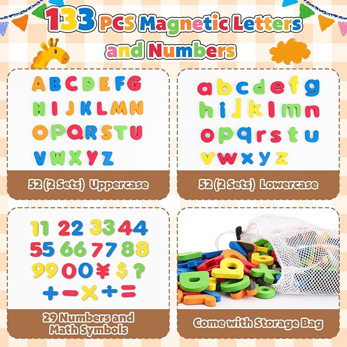 GINMIC Magnetic Letters and Numbers with Magnet Board, Alphabet ABC Magnets, Learning & Educational Toys - Uppercase Lowercase Math Symbols with Magnetic Whiteboard Chalkboard for Toddlers Kids