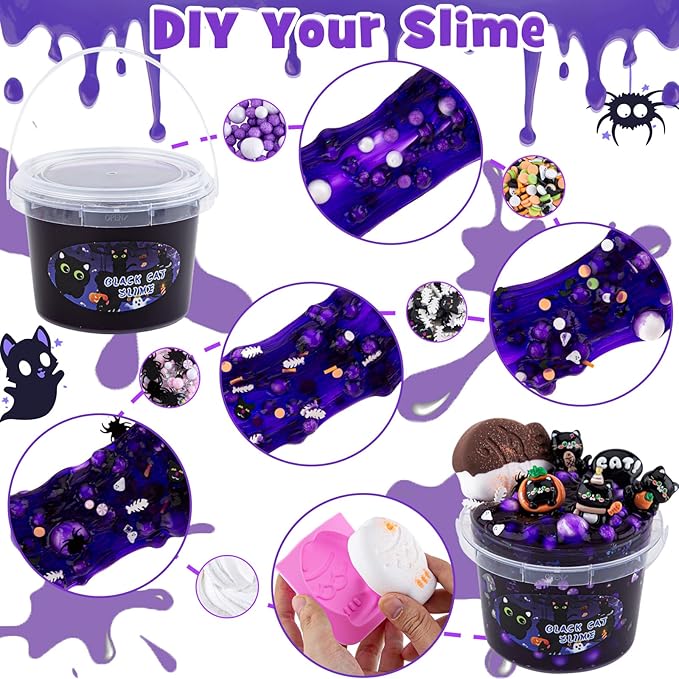 LAWOHO 300ml Black Cat Slime Kit with Clay, Purple Clear Slime Bucket for Girls & Boys with 9 Packs Cat Add-Ins for Kids Slime Toys, Non Stick Slime Making Kit for Birthday Halloween Christmas Easter