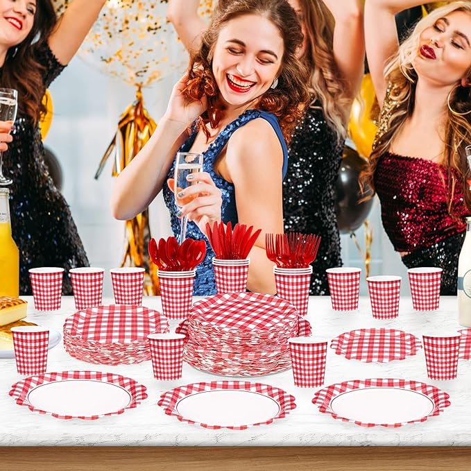 168 Pcs Red Gingham Checkered Party Supplies Scalloped Red and White Checkered Plates Napkins Cups Forks Tableware Sets for Birthday Wedding Picnic BBQ Bridal Baby Shower Supplies Serves 24