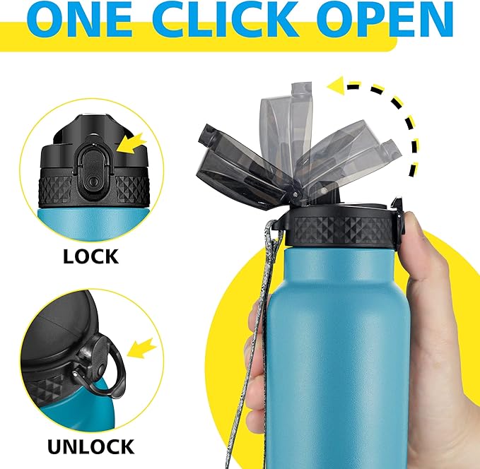 Han's Bottle Sports Water Bottle - 32 Oz, Straw Lid, Leak Proof, Vacuum Insulated Stainless Steel, Double Walled, Thermo Mug,Ocean