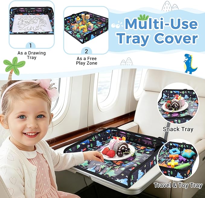 COOLBEBE Airplane Tray Table Cover Foldable Travel Tray Cover for Toddlers 1-3 Universal Fit for Airplane, Car Seat, High Chair Machine Washable, Portable Black Dinosaur
