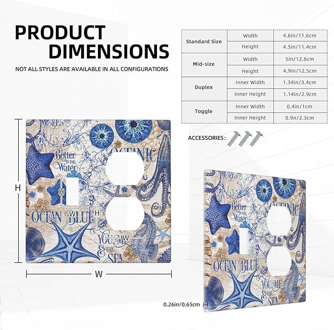 Wallplates Vintage Sea Blue Seahorse Starfish Octopus 1 Toggle 1 Duplex Switch Plate Electrical Gfci Faceplate Decorative Light Switch Covers For Kids Room Home Decor
