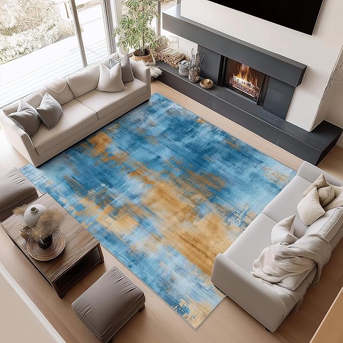 Modern Abstract Living Room Rug 5×9ft Washable Area Rugs for Bedroom, Ultra-Thin Non Slip Stain Resistant Soft Carpet for Dining Room Table College Dorm Classroom Home Office Decor