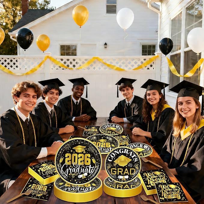 192Pcs 2026 Graduation Plates and Napkins for 48 Guests, Black and Gold Congrats Grad Party Supplies, Class of 2026 Disposable Paper Plates Napkins Set for Graduation Party Decorations