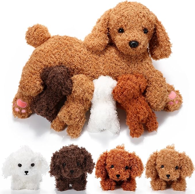 Honoson Nurturing Dog Mommy Plush Set with 4 Baby Puppies Soft Cute Dog Themed Stuffed Plush Toys for Kids Girls Boys Easter Birthday Gifts(Curly)