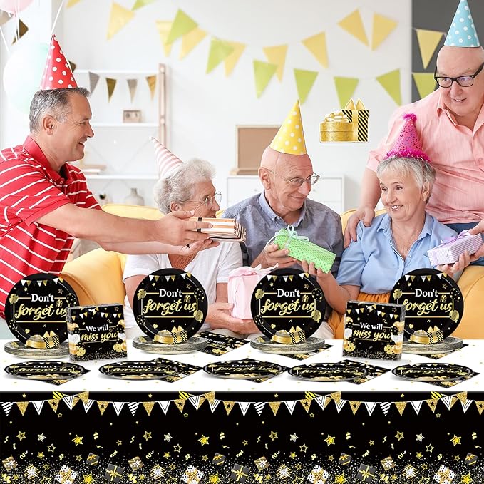 We Will Miss You Party Decorations Serve 24 Guests Going Away Party Disposable Plates Napkins Tablecloth Farewell Dinner Tableware Black and Gold Goodbye Party Supplies for Leaving Retirement Party