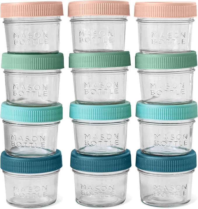 Mason Bottle 4oz Breast Milk Storage Jars (12-Pack) – Reusable Glass Baby Food Containers with Lid for Baby Formula & Breastmilk – Airtight, Stackable, Freezable (Deep Ocean)