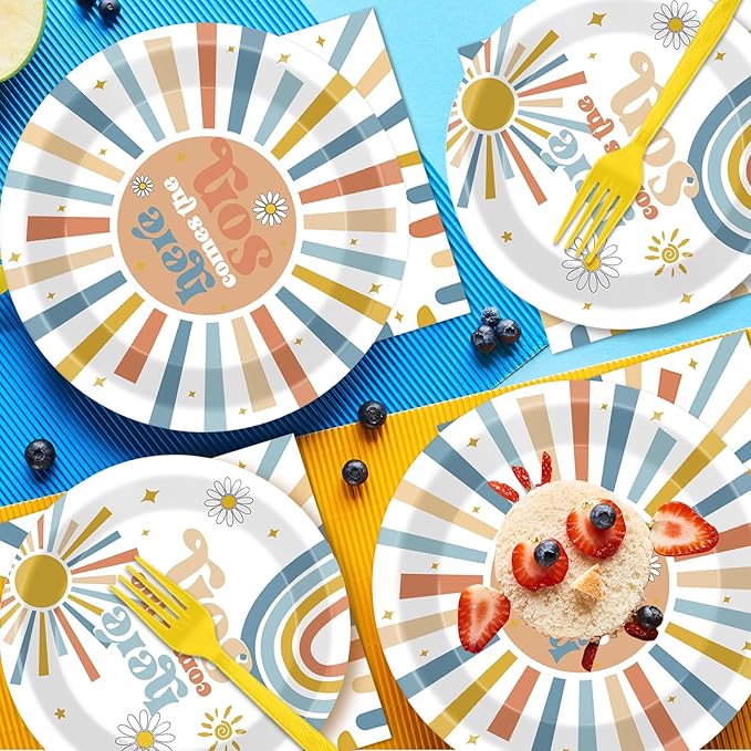 96Pcs Here Comes The Son Party Plates and Napkins for Boho Sun Birthday Party Supplies Here Comes The Son Themed Paper Dessert Plates Sunshine Tableware Set for Baby Shower 24 Guests Party Decorations