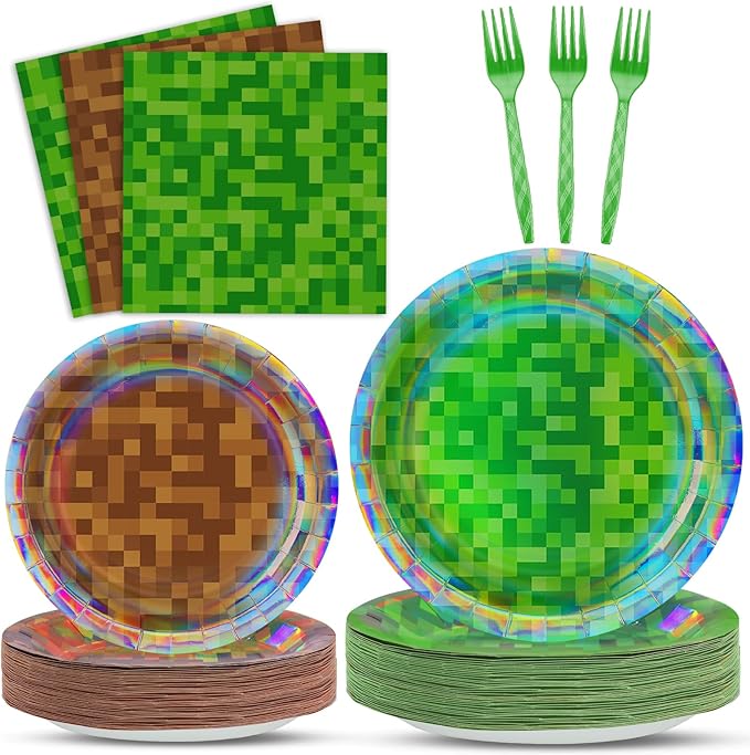 96 Pcs Iridescent Pixel Birthday Party Plates and Napkins Pixel Party Decorations Mining Theme Supplies Gamer Paper Dessert Plates Mining Video Game Tableware Set for Kids Baby Shower 24 Guests