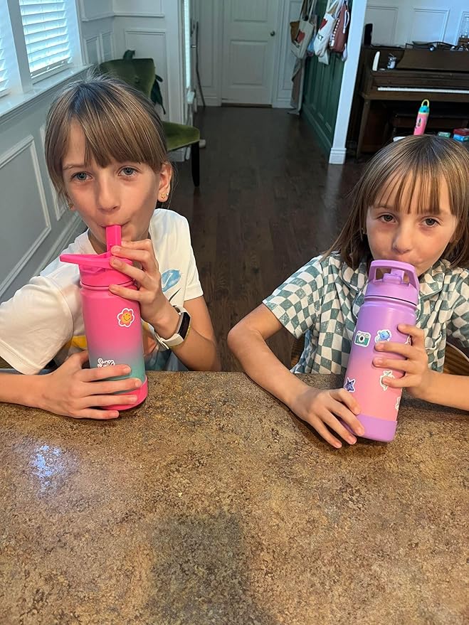 Mininoo Girls Water Bottle for School, 16oz Stainless Steel Insulated Metal Water Bottle with Straw Lid for Boys (2 Pack)
