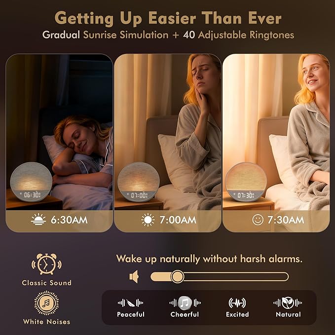 Tap-to-Snooze Sunrise Alarm Clock with Sound Machine, 36 Sounds White Noise Machine for Sleeping Adults, Gradual Sunrise Clock with Bluetooth Speaker & Remote Control, 15-Color Night Light丨Putty