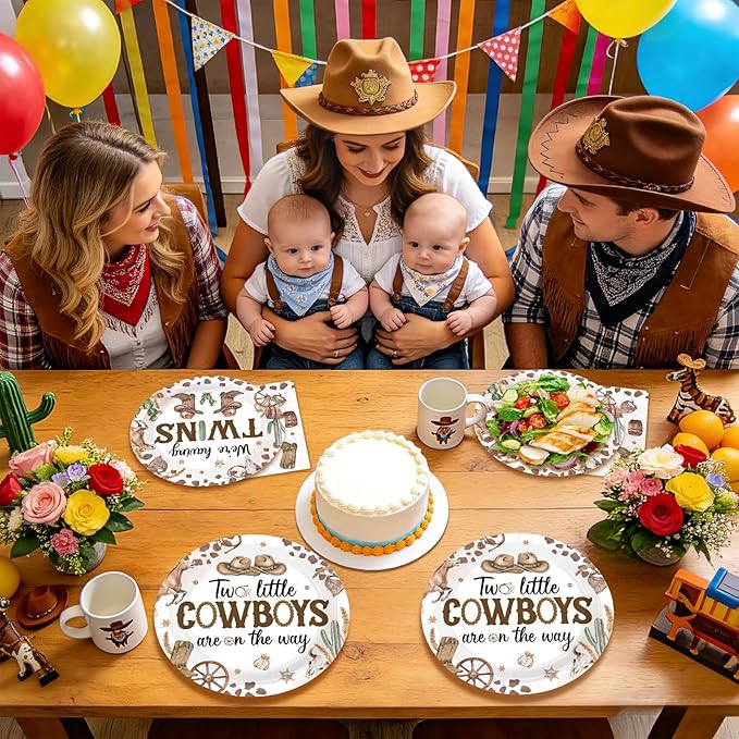 96Pcs Cowboys Twins Baby Shower Party Decorations Two Little Cowboys are On The Way Plates and Napkins Disposable Brown Wild West Tableware Set for Twins Boys Baby Shower Party Supplies Serves 24