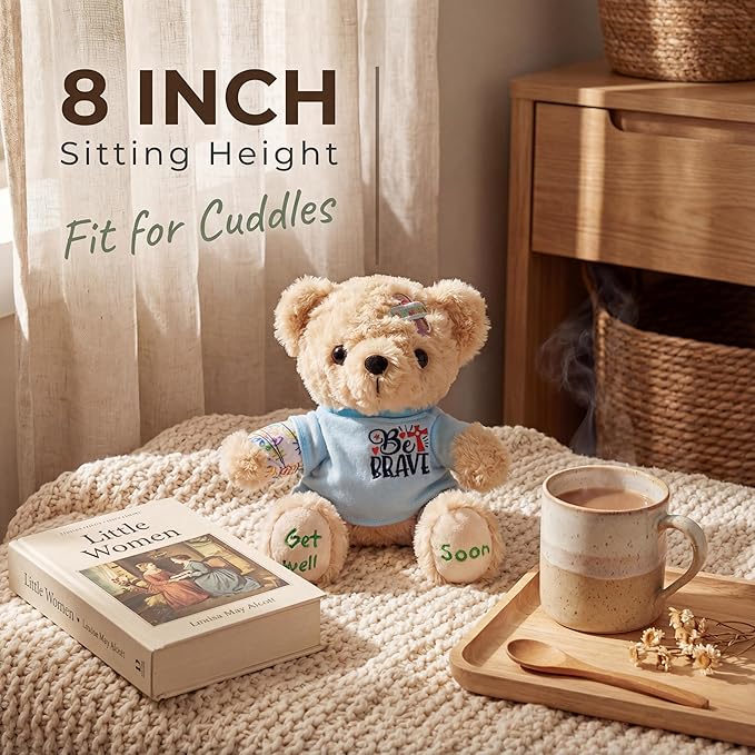 Get Well Soon Bear for Surgery Recovery Gifts, Emotional Comfort Stuffed Animal for Kids & Women, Tonsillectomy & Appendix Post-Op Plush, Be Brave Hospital Patient Companion, 8 Inch Beige