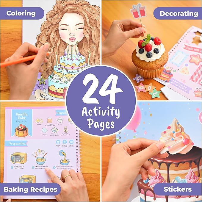 BSCOOL - Drawing, Coloring & Activity Book: Play and Bake with Stickers, Guides and Recipes. Dress Up Your Cake Design for Kids 5 and Up. Easter Gift for Girls