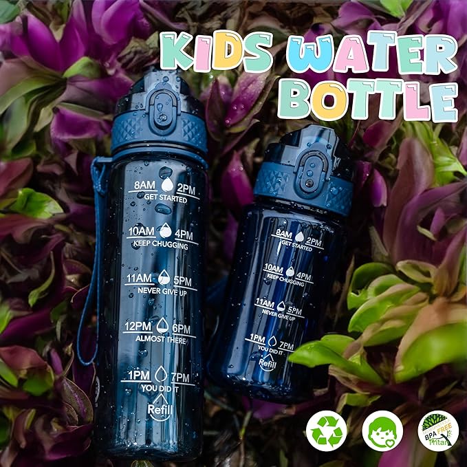 OLDLEY 17oz Kids Water Bottle for school Girls Boys, Motivational Water Bottles With Silicone Straw, Leak-Proof Tritan BPA-Free, Reusable water bottles for kids, Slate Blue