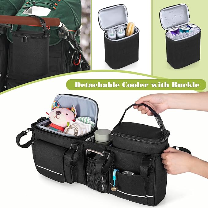 HODRANT Double Stroller Organizer Compatible with BOB Duallie & Compatible with Baby Jogger City Mini GT2 Stroller, Double Stroller Parent Console with Detachable Cooler & Cup Holder, Patent Pending