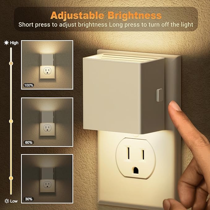 JandCase Night Light,Automatic Night Lights Plug into Wall,Dusk to Dawn,2 Pack Soft White 3000K Brightness Adjustable Nightlight for Kids Bedroom Bathroom Hallway Kitchen