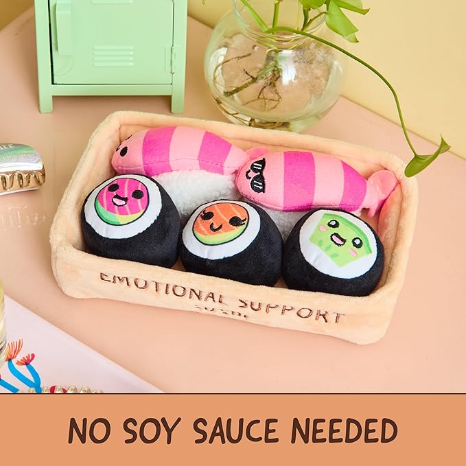 Emotional Support Sushi by Relatable, Cuddly Stuffed Animals and Plushies Set, Small Gifts for Mom, Includes 5 Sushi Plush Toys with Carrying Basket