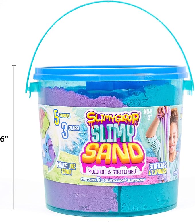 SLIMYSAND Bucket - 5 Pounds of Slimy Sand in 3 Colors (Blue, Green, Purple) - Cotton Candy Sand Play Set with 3 Molds and Reusable Bucket for Storage - Super Stretchy & Moldable Cloud Slime
