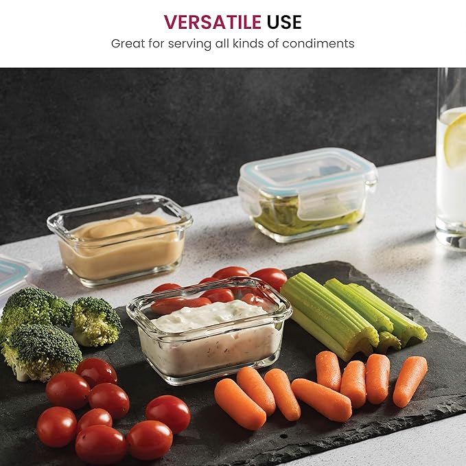 FineDine Small Glass Meal Prep Food Storage Container - Airtight, Leakproof, Microwave & Dishwasher Safe - Perfect for Snacks, Dips, 6 Count - Teal