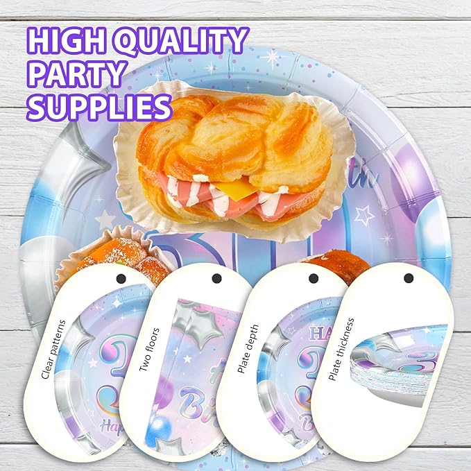Grencian 96Pcs 30th Birthday Decorations Iridescent 30th Birthday Party Plates Disposable 350GSM Sweet 30 Years Paper Tableware Set for Women 30 Years Old Party Supplies Serves 24