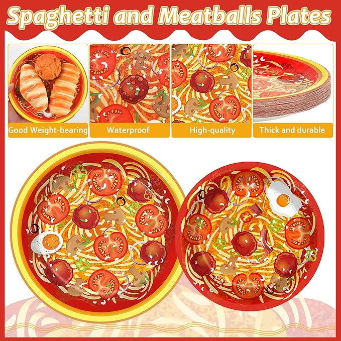 gisgfim 96 Pcs Spaghetti Plates and Napkins Pasta Party Supplies Tomato Meatball Birthday Party Paper Tableware Set Pasta Theme Decorations Favors for Family Gathering Dining for 24 Guests