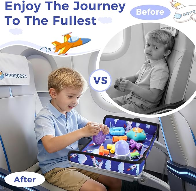 COOLBEBE Airplane Tray Table Cover Foldable Travel Tray Cover for Toddlers 1-3 Universal Fit for Airplane, Car Seat, High Chair Machine Washable, Portable Blue Plane