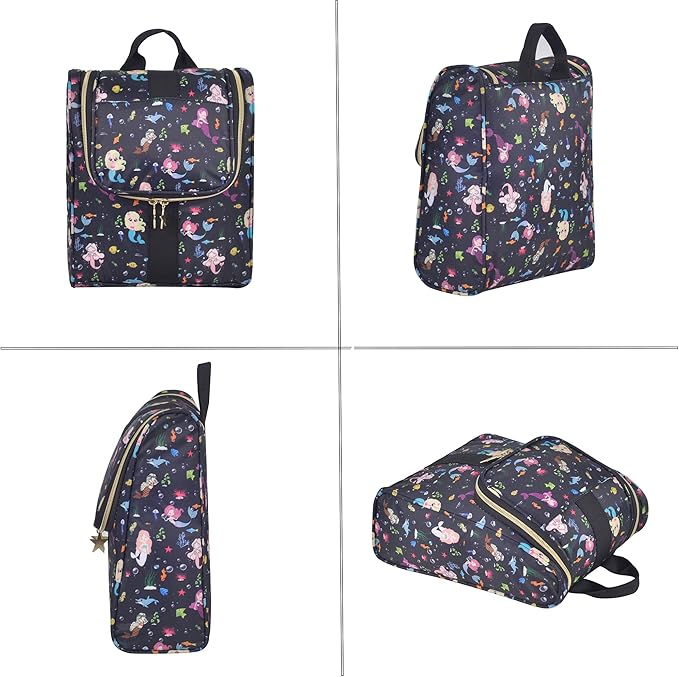 Remobia Hicol Cute Cartoon Hanging Kids Toiletry Bag Children Travel Cosmetic Makeup Organizer Wash Bag Shower bag Over Night Bag Camping Shaving Kit Bag for Boys & Girls (Mermaid Black)