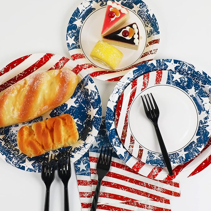 Qyeahkj 100 Pcs 4th of July Party Plates and Napkins Tableware Set American Flag Birthday Party Dinnerware Supplies Patriotic Favors Independence Memorial Day Decorations for Serve 25