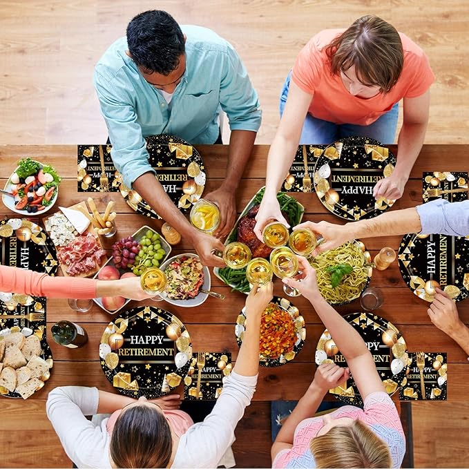 200 Pcs Retirement Party Plates and Napkins Set, Happy Retirement Party Supplies Decorations for Men Women Gold and Black Farewell Going Away Disposable Dinnerware Tableware Kit, Serves 50
