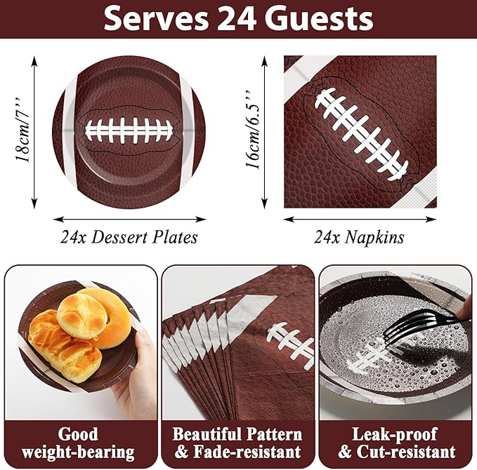 Football Party Supplies Serves 24 Football Party Paper Plates Napkins Set Sports Tablecloth Tableware Kit for Birthday Baby Shower Decorations Kids Boys Girls