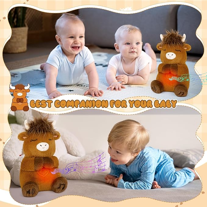 Breathing Stuffed Animal, Highland Cow Plush Soothing Baby Toy, Soothing Sound Machine Plushies with Calming Music, Lights, Breathing Motion Doll for Kids Boys Girls