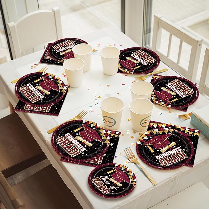 Kepeel 200Pcs 2026 Graduation Party Tableware Set, Maroon Gold Class of 2026 Party Decorations Supplies for Boys Girls Congratulate Graduation Disposable Paper Plates Napkins Forks Favors, Serve 50