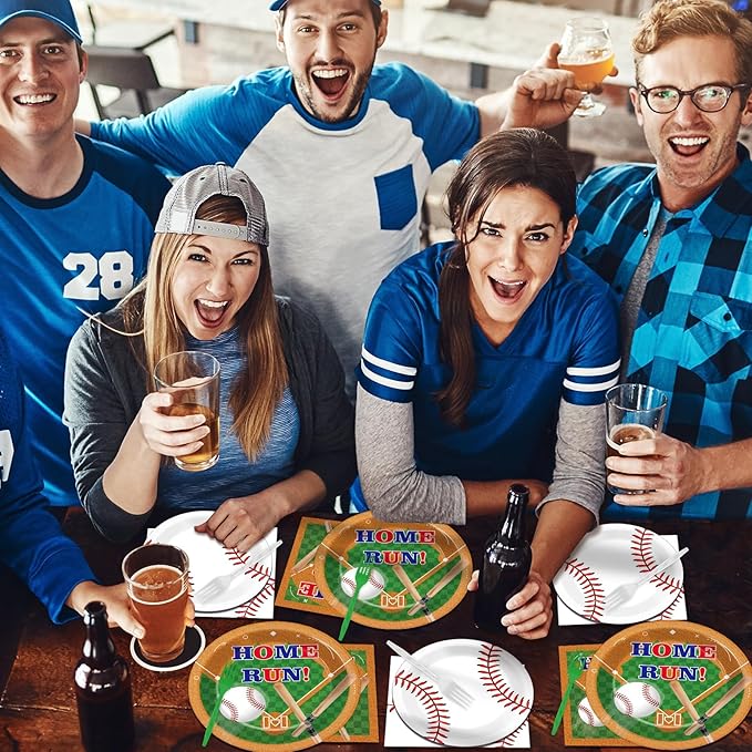 CHUNNIN 96pcs Baseball Birthday Party Plates and Napkins for Baseball Party Supplies Sports Birthday Party Disposable Paper Plates Tableware Set for 24 Guests Baseball Game Party Decorations