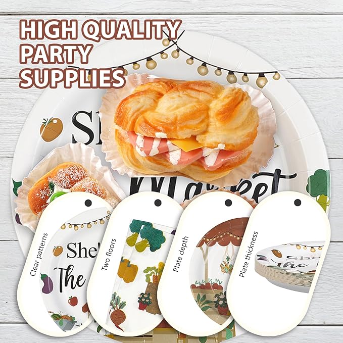 Grencian 96Pcs She's Fresh Off Market Bridal Shower Decor Farmers Market Engagement Party Plates and Napkins Vegetable Themed Disposable Tableware for Women Bridal Shower Wedding Decorations Serves 24