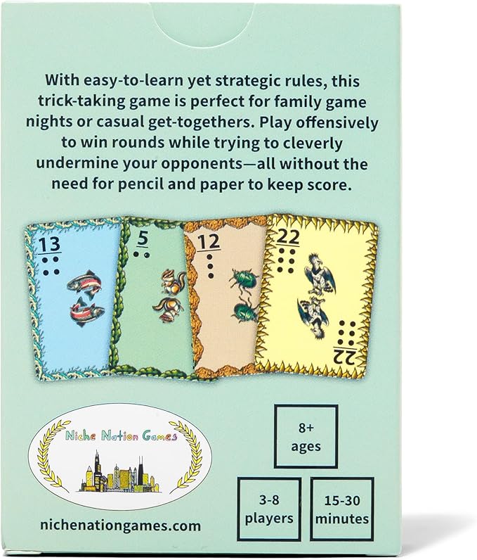 Wild Four – Family-Friendly Trick-Taking Card Game with Bugs, Birds, Fish, And Mammals - Easy Rules, No Pen And Paper Required - Gifts For Animal Lovers - Ages 8+, 3-8 Players, 20 Mins