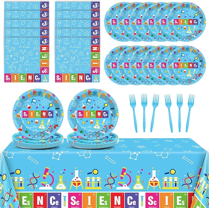 chiazllta Science Party Supplies Tableware Set for 20 Guests Little Scientist Party Birthday Plates Laboratory Decorations Includes 7inch Plates, Napkins, Tablecloth Favor