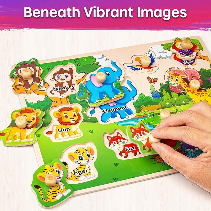 SYNARRY Wooden Puzzles for Toddlers 1-3, 6XSET Puzzles for Toddlers 2-4 with Rack, Learning Alphabet Number Animal Dinosaur Vehicle for Kids, Education Toys for 2 3 Years Boys Girls